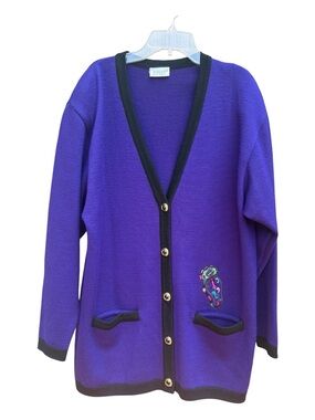 Vintage Basler Purple Cardigan Shoulder Pads Black Trim and Embroidered Patch
